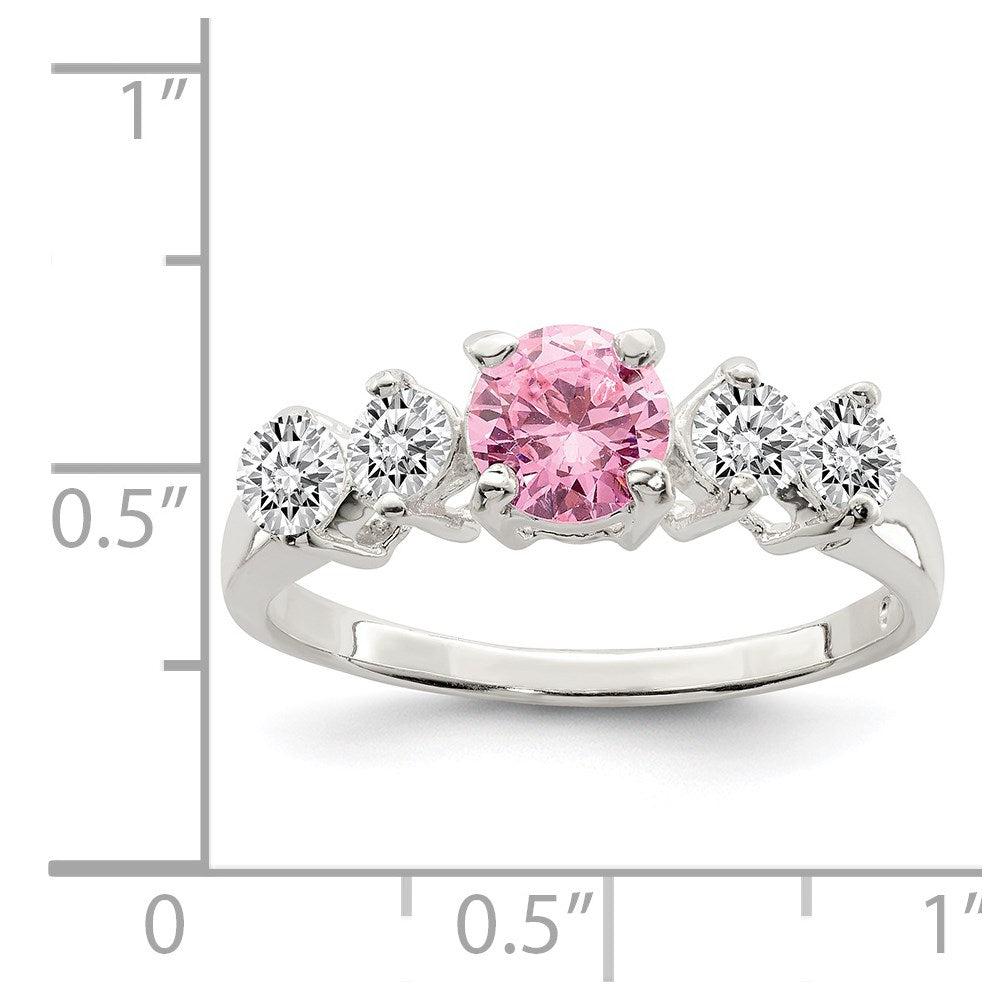 Sterling Silver Pink Round Cz Side Stones Ring