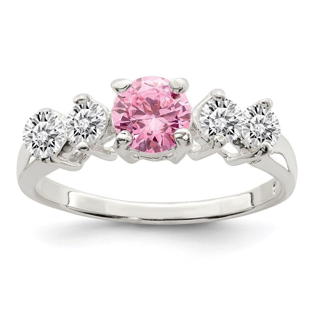 Sterling Silver Pink Round Cz Side Stones Ring