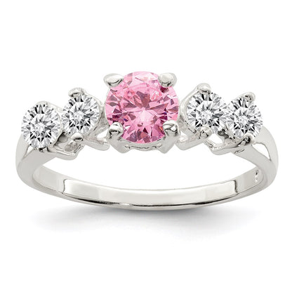 Sterling Silver Pink Round Cz Side Stones Ring