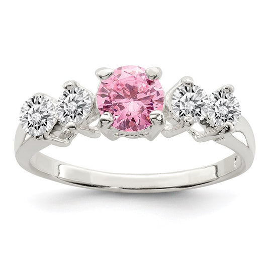 Sterling Silver Pink Round Cz Side Stones Ring