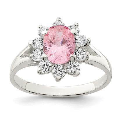Sterling Silver Pink Oval Cz Cluster Ring