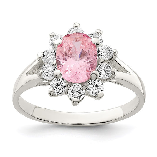 Sterling Silver Pink Oval Cz Cluster Ring