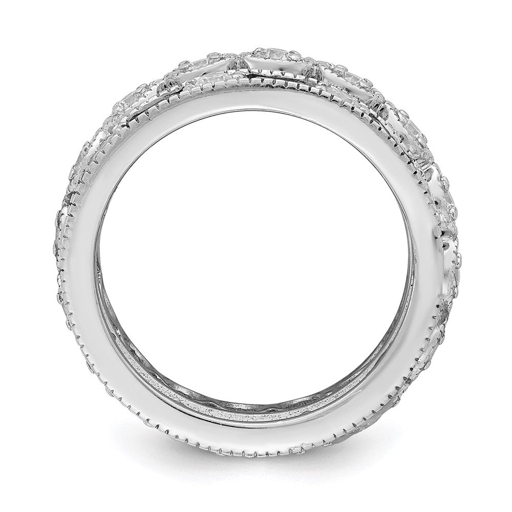 Sterling Silver Rhod Pltd Triple Band Blue/White/Clear Circle Center Ring