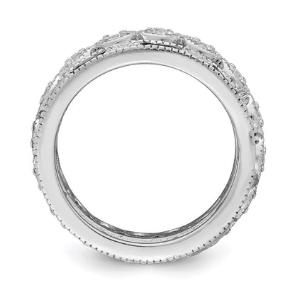 Sterling Silver Rhod Pltd Triple Band Blue/White/Clear Circle Center Ring