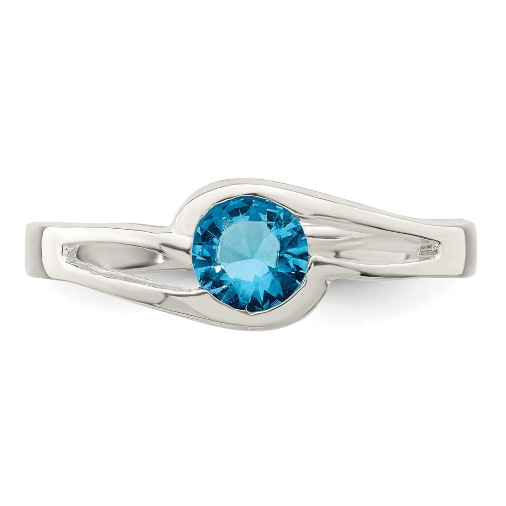 Sterling Silver Light Blue Round Bezel Cz Ring