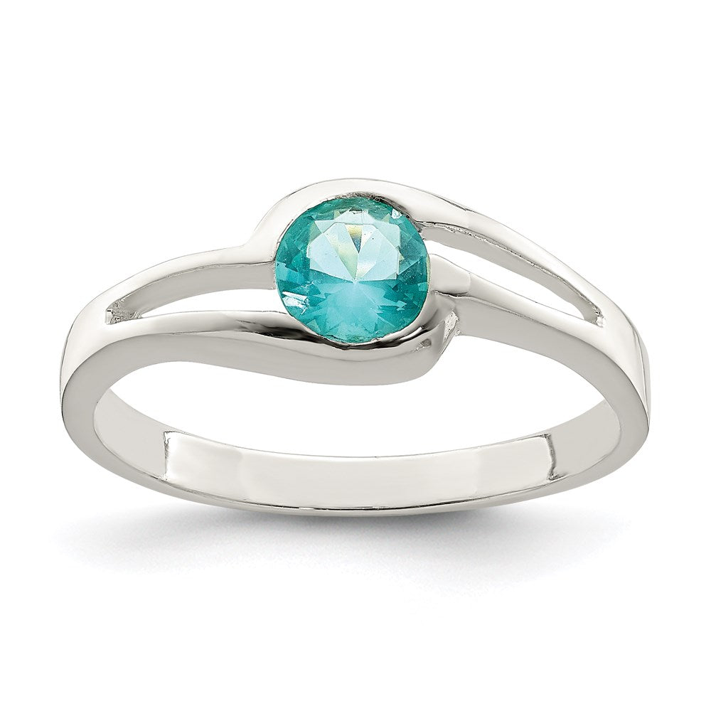 Sterling Silver Light Blue Round Bezel Cz Ring