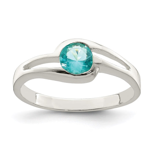 Sterling Silver Light Blue Round Bezel Cz Ring
