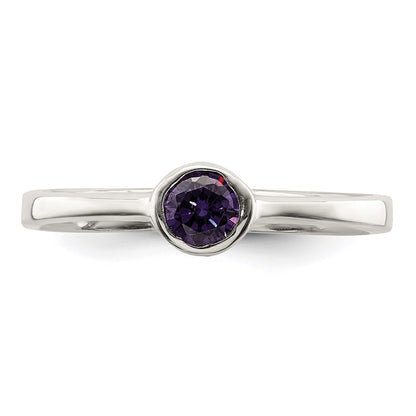 Sterling Silver Purple Round Bezel Cz Ring