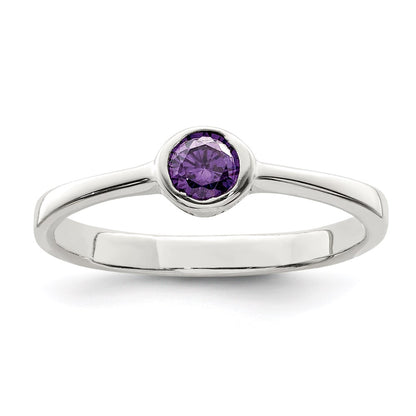 Sterling Silver Purple Round Bezel Cz Ring