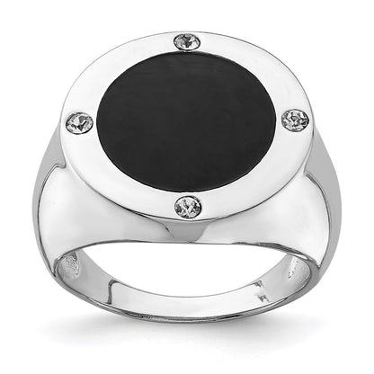 Sterling Silver Rhodium Plated Black Simulated Onyx & Cz Ring