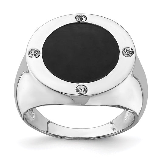 Sterling Silver Rhodium Plated Black Simulated Onyx & Cz Ring