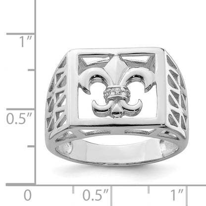 Sterling Silver Rhodium Plated Cz Fleur De Lis Ring