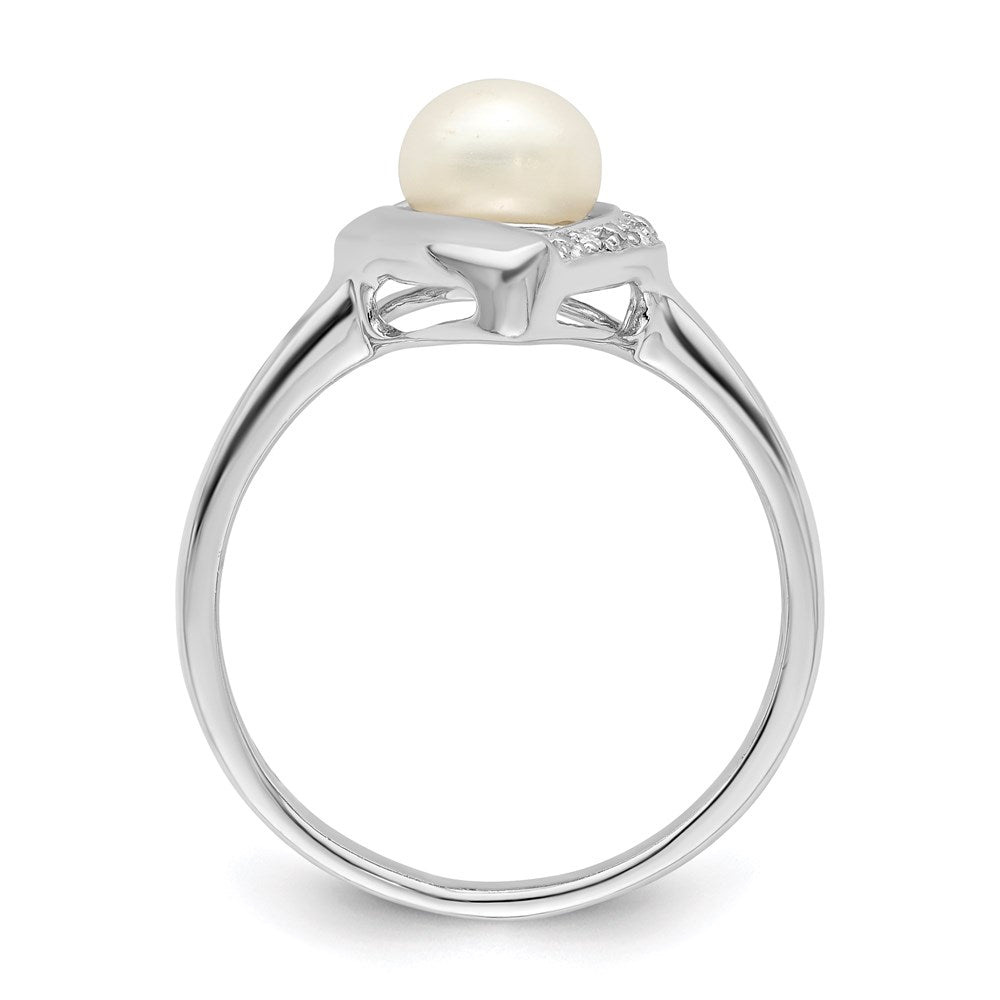 Sterling Silver Rhodium Plated Diamond And Fw Cultured Pearl Ring