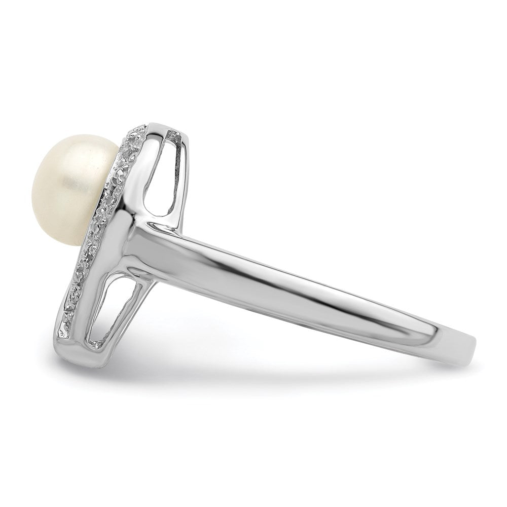 Sterling Silver Rhodium Plated Diamond And Fw Cultured Pearl Ring