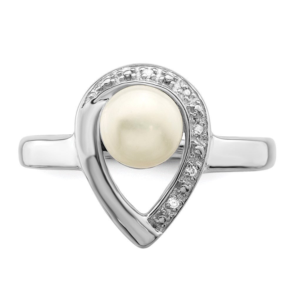 Sterling Silver Rhodium Plated Diamond And Fw Cultured Pearl Ring