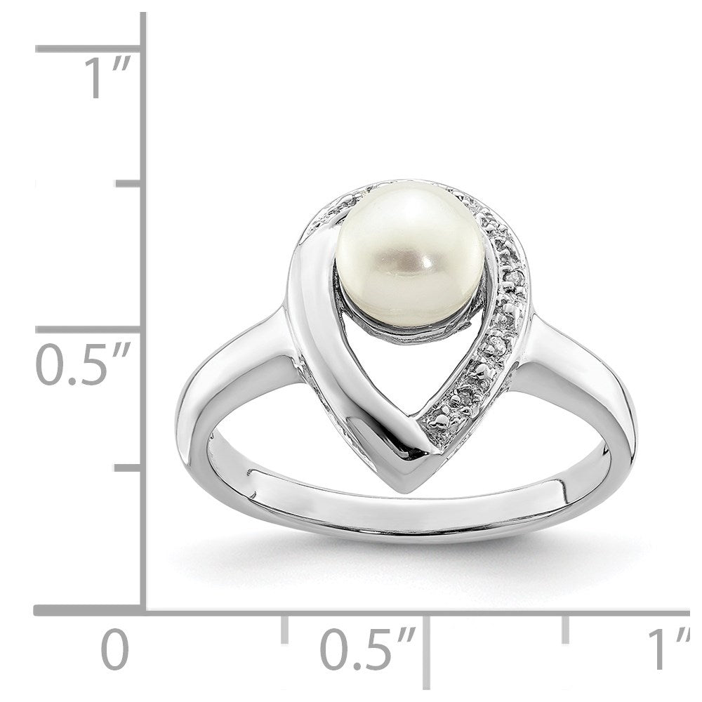 Sterling Silver Rhodium Plated Diamond And Fw Cultured Pearl Ring