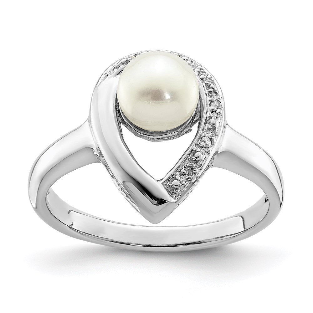 Sterling Silver Rhodium Plated Diamond And Fw Cultured Pearl Ring