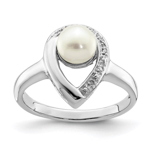 Sterling Silver Rhodium Plated Diamond And Fw Cultured Pearl Ring