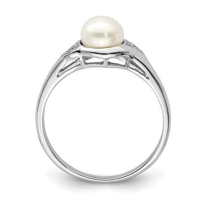 Sterling Silver Rhodium Plated Diamond And Fw Cultured Pearl Ring