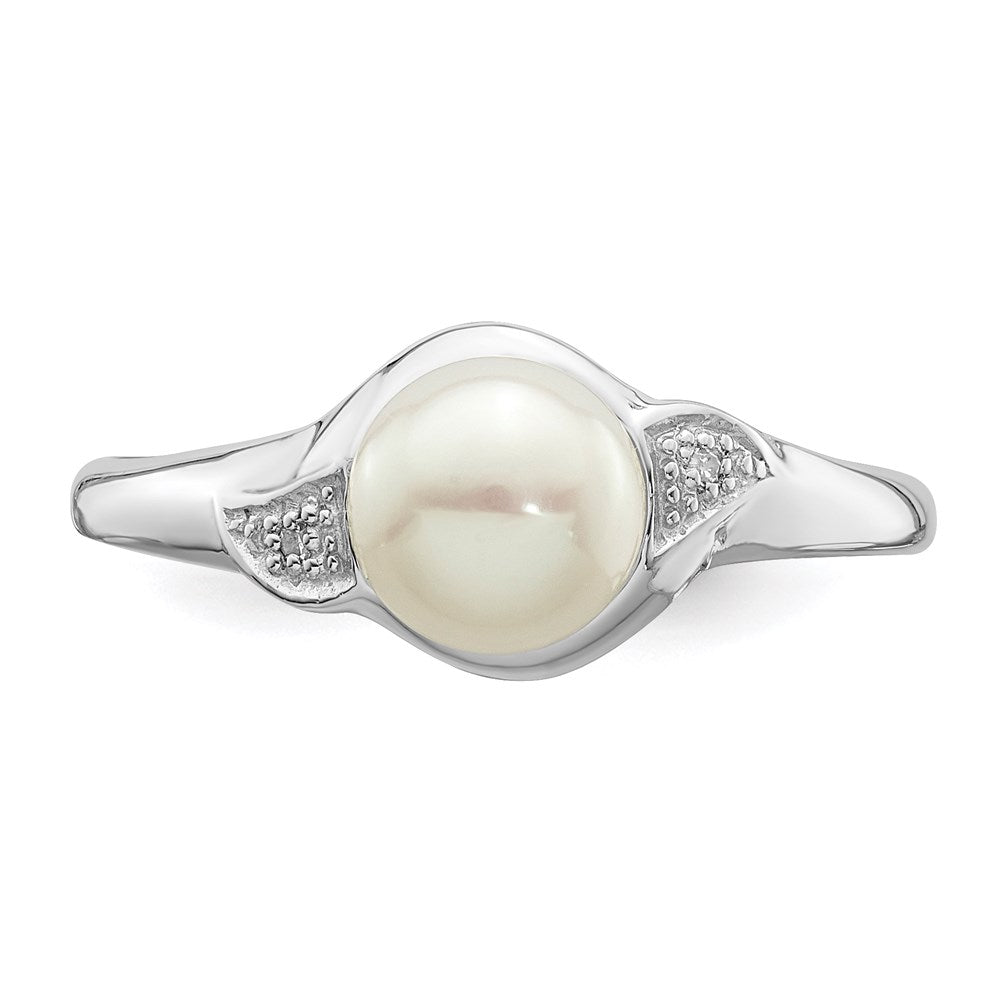 Sterling Silver Rhodium Plated Diamond And Fw Cultured Pearl Ring