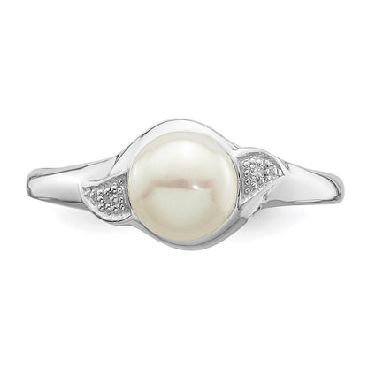 Sterling Silver Rhodium Plated Diamond And Fw Cultured Pearl Ring
