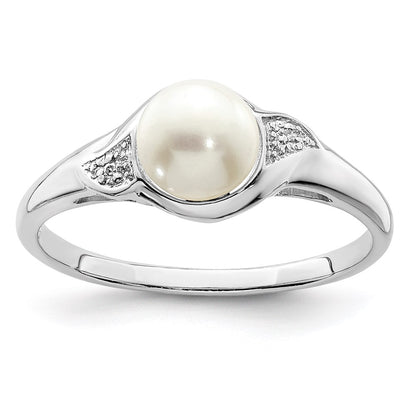 Sterling Silver Rhodium Plated Diamond And Fw Cultured Pearl Ring