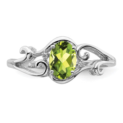 Sterling Silver Rhodium Plated Diamond And Peridot Oval Ring