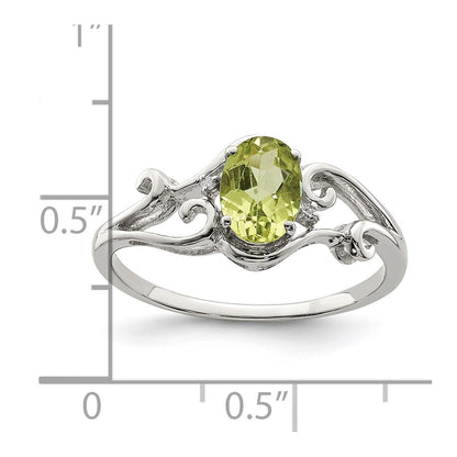 Sterling Silver Rhodium Plated Diamond And Peridot Oval Ring