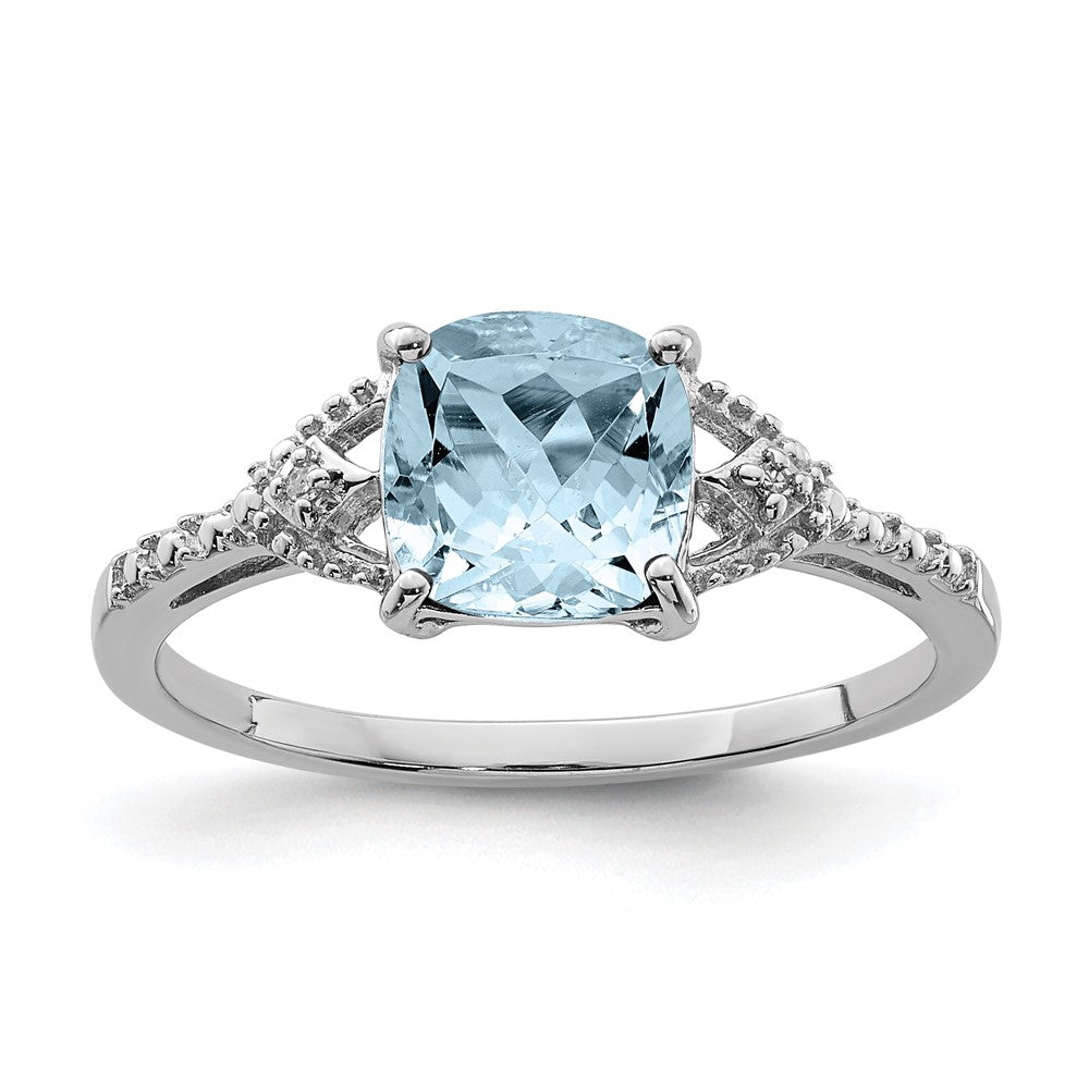Sterling Silver Rhodium Plated Diamond And Aquamarine Ring