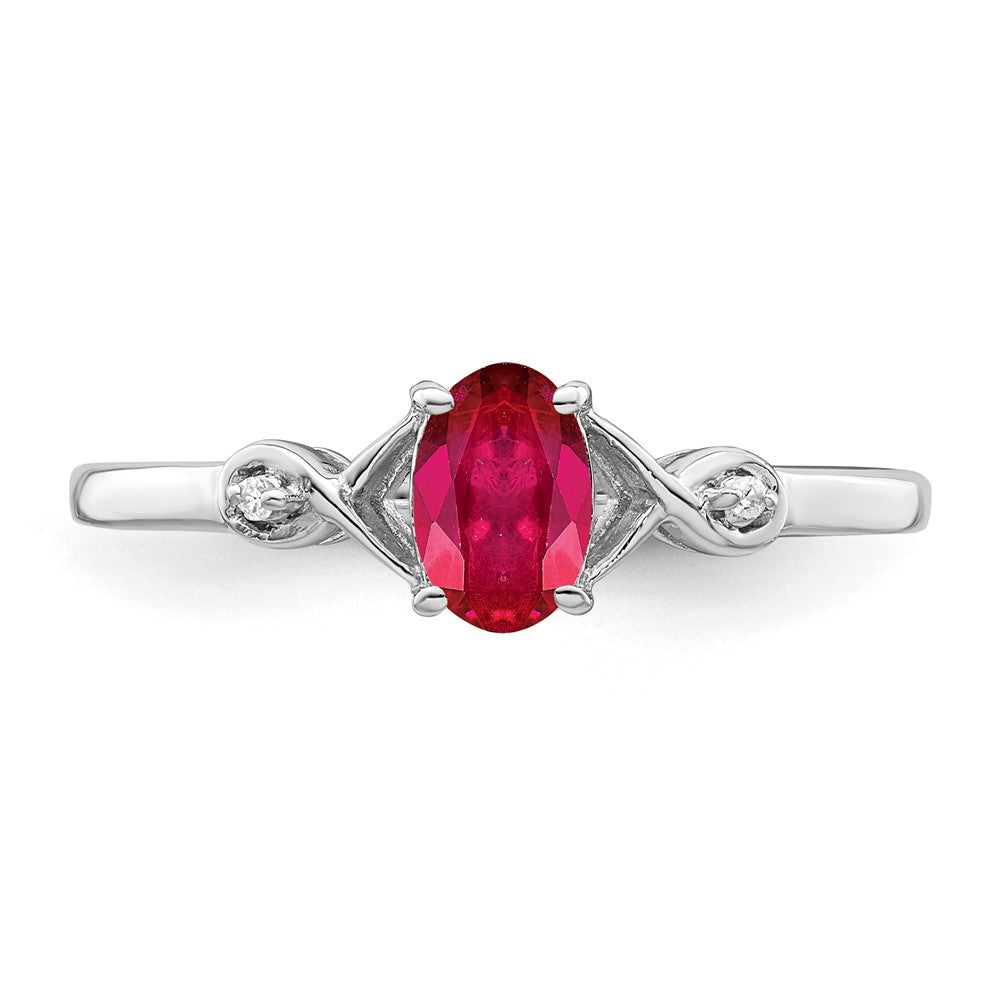 Sterling Silver Rhodium Plated Diamond And Oval Ruby Ring