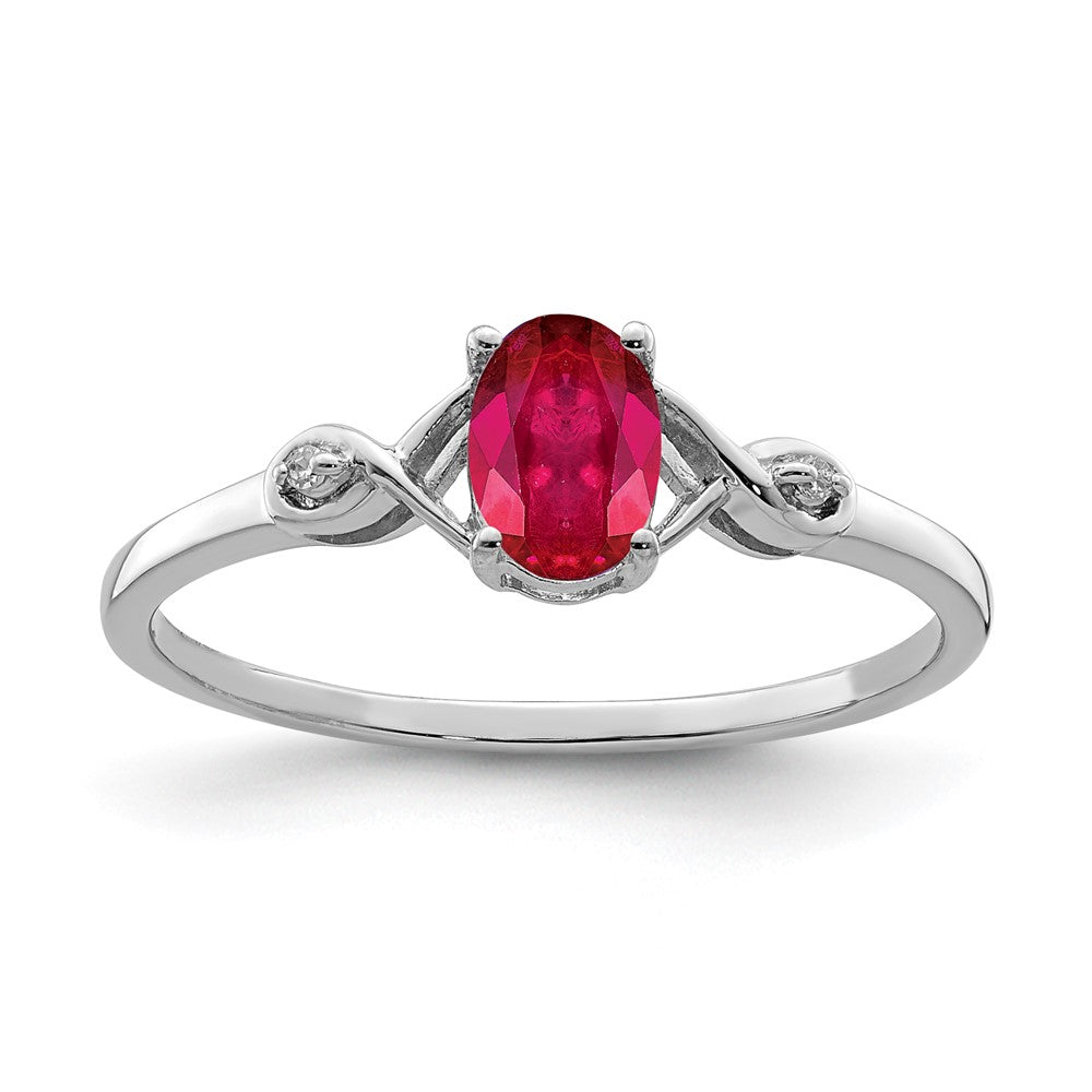 Sterling Silver Rhodium Plated Diamond And Oval Ruby Ring