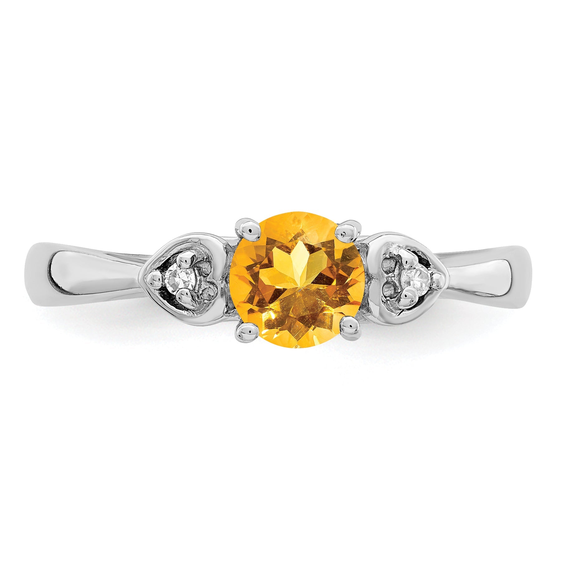Sterling Silver Rhodium Plated Diamond And Citrine Round Ring