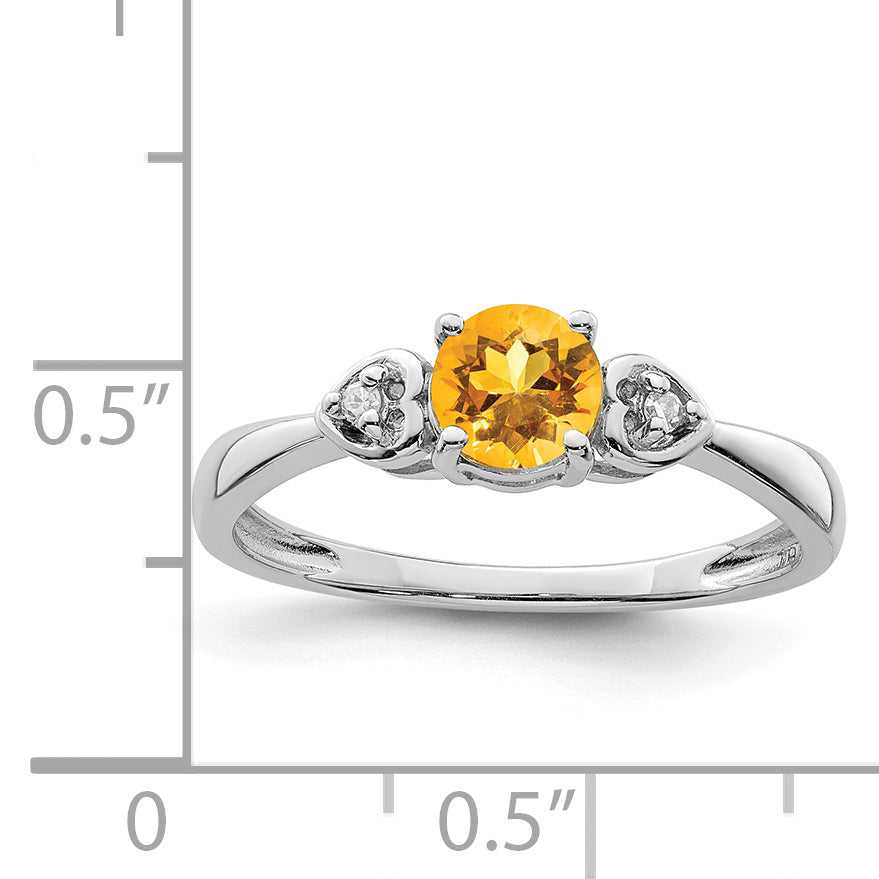 Sterling Silver Rhodium Plated Diamond And Citrine Round Ring