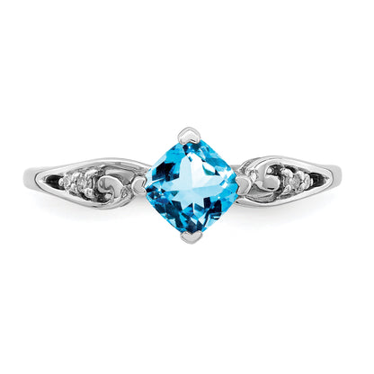 Sterling Silver Rhodium Plated Diamond And Sky Blue Topaz Cushion Ring