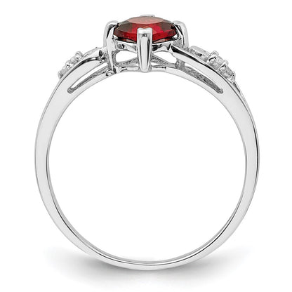 Sterling Silver Rhodium Plated Diamond And Garnet Cushion Ring