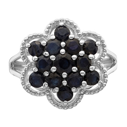 Sterling Silver Rhodium Plated Sapphire Flower Ring (Size 9 Only)