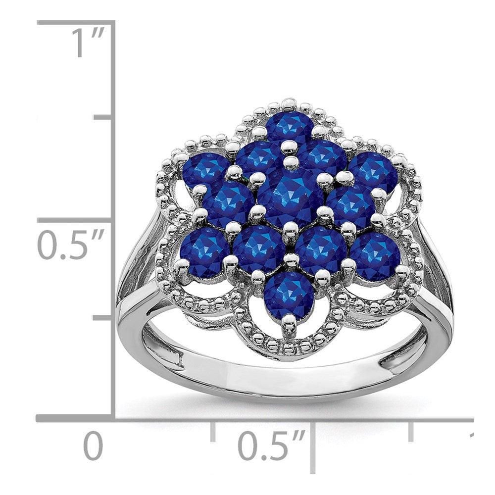 Sterling Silver Rhodium Plated Sapphire Flower Ring (Size 9 Only)