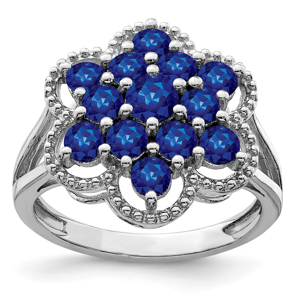 Sterling Silver Rhodium Plated Sapphire Flower Ring (Size 9 Only)