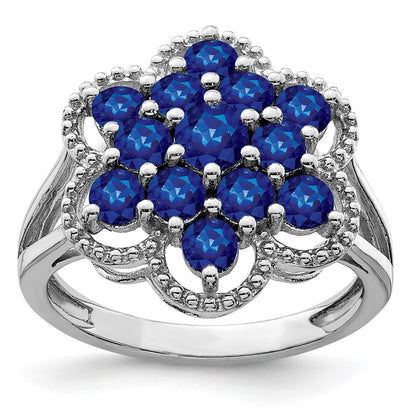 Sterling Silver Rhodium Plated Sapphire Flower Ring (Size 9 Only)