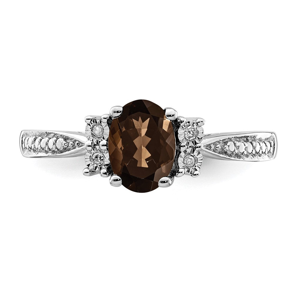 Sterling Silver Rhodium Diamond & Smoky Quartz Ring