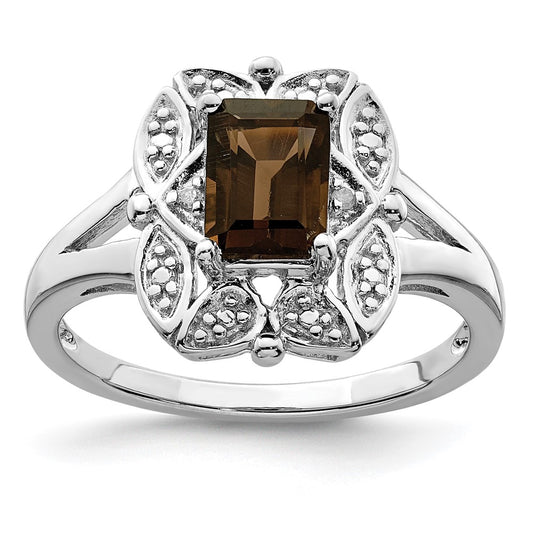 Sterling Silver Rhodium Diamond & Smoky Quartz Ring