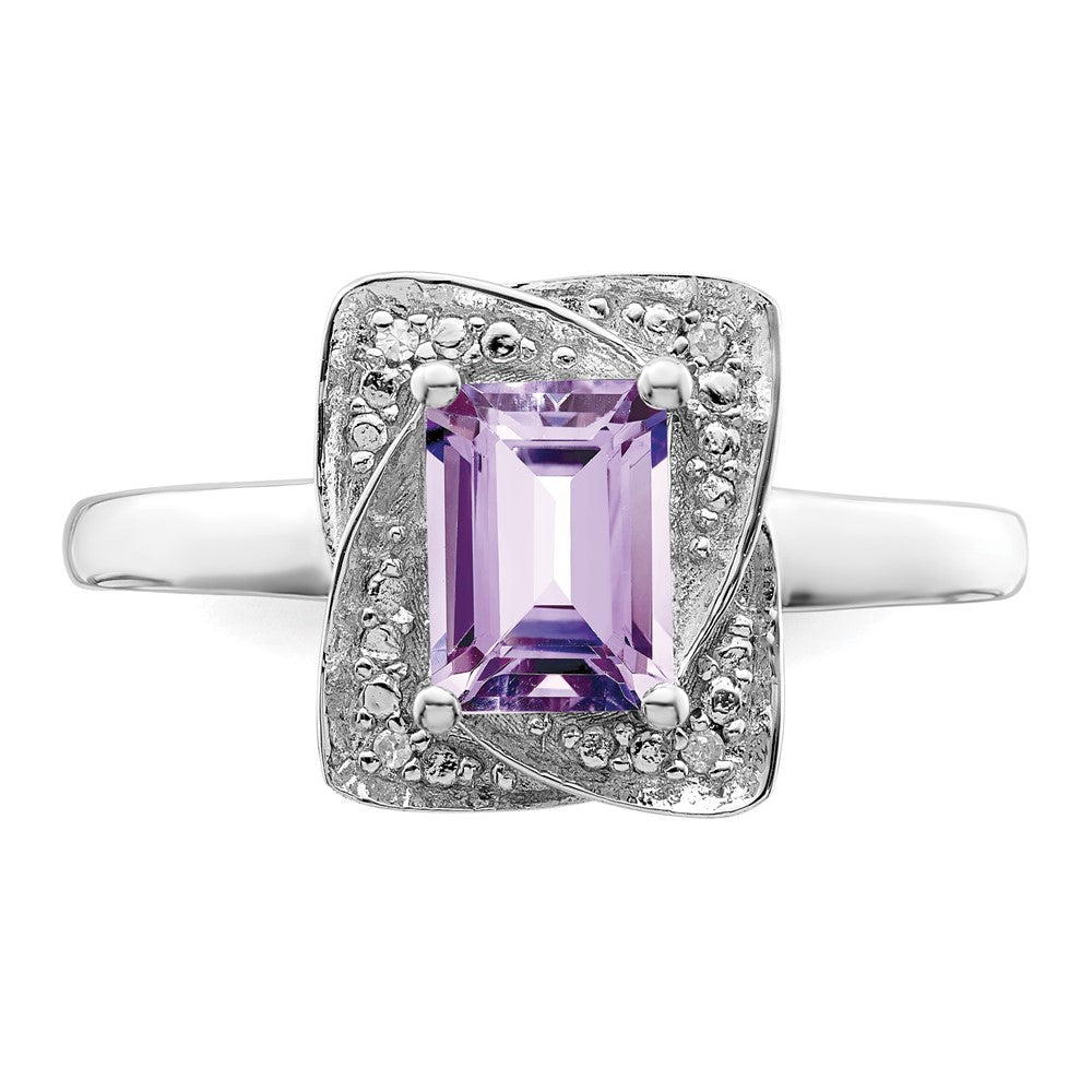 Sterling Silver Rhodium Diamond & Pink Quartz Ring