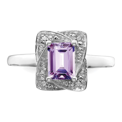 Sterling Silver Rhodium Diamond & Pink Quartz Ring