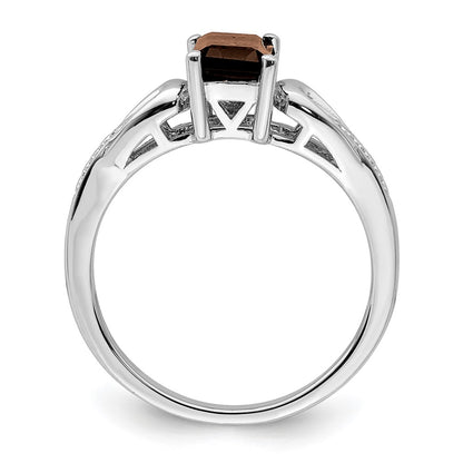 Sterling Silver Rhodium Diamond & Smoky Quartz Ring
