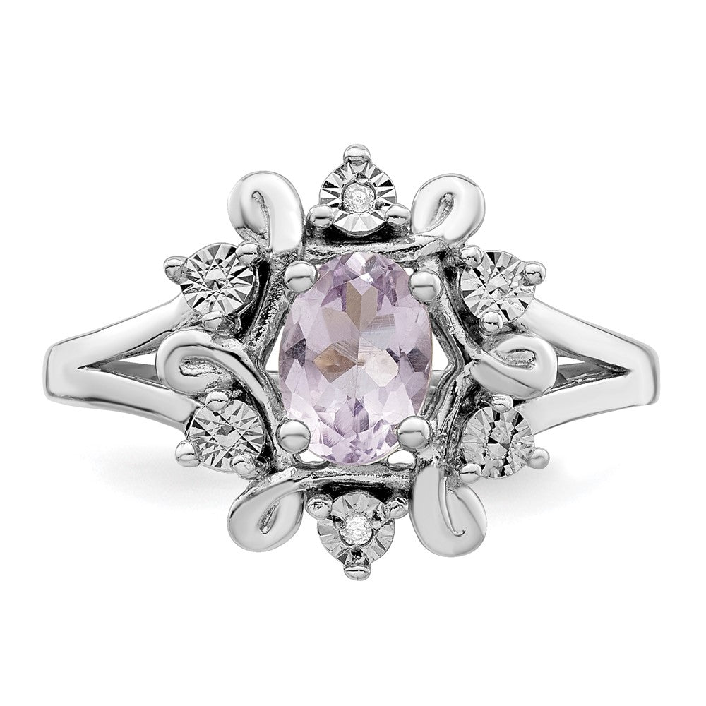 Sterling Silver Rhodium Diamond & Pink Quartz Ring (Size 8 Only)