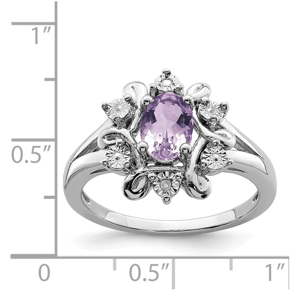 Sterling Silver Rhodium Diamond & Pink Quartz Ring (Size 8 Only)