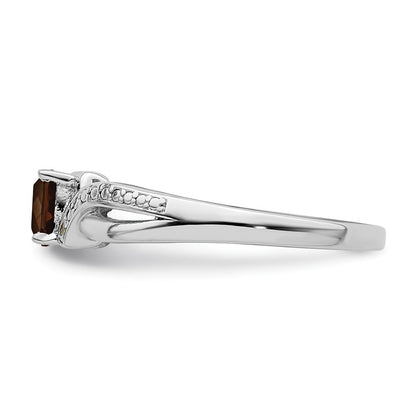 Sterling Silver Rhodium Smoky Quartz Diamond Ring