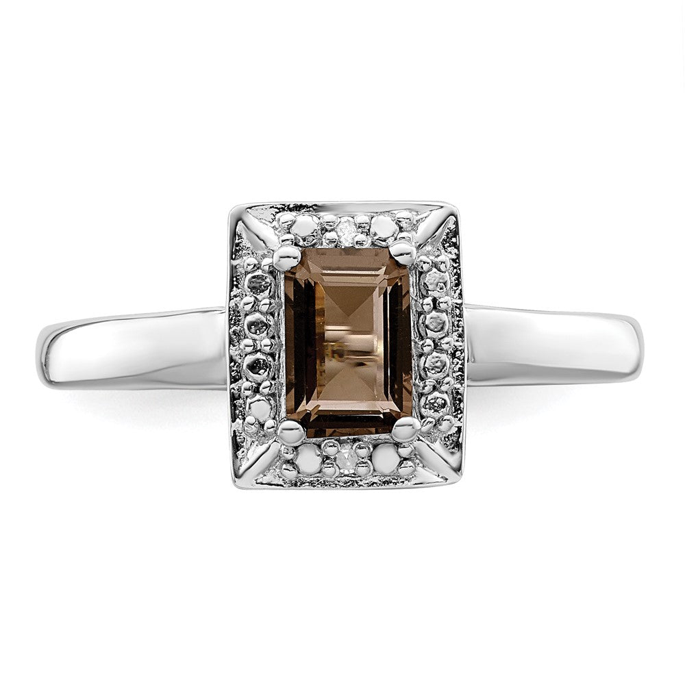 Sterling Silver Rhodium Smoky Quartz Diamond Ring