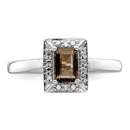 Sterling Silver Rhodium Smoky Quartz Diamond Ring