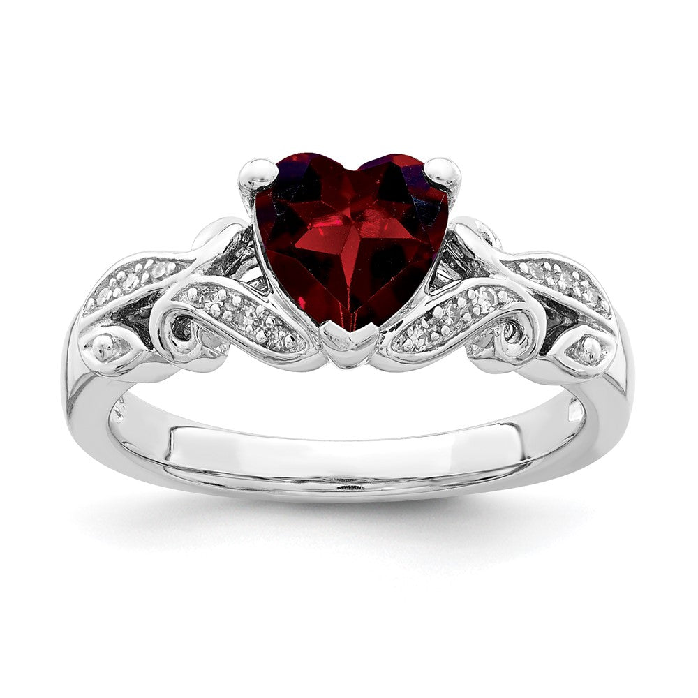 Sterling Silver Rhodium Plated Diamond And Garnet Ring